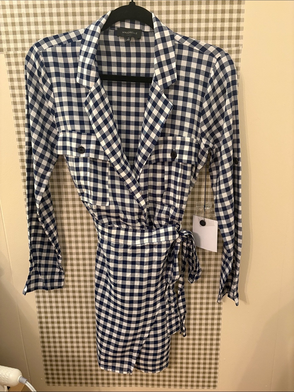 MAJORELLE Navy & White Gingham Wrap Shirt Dress